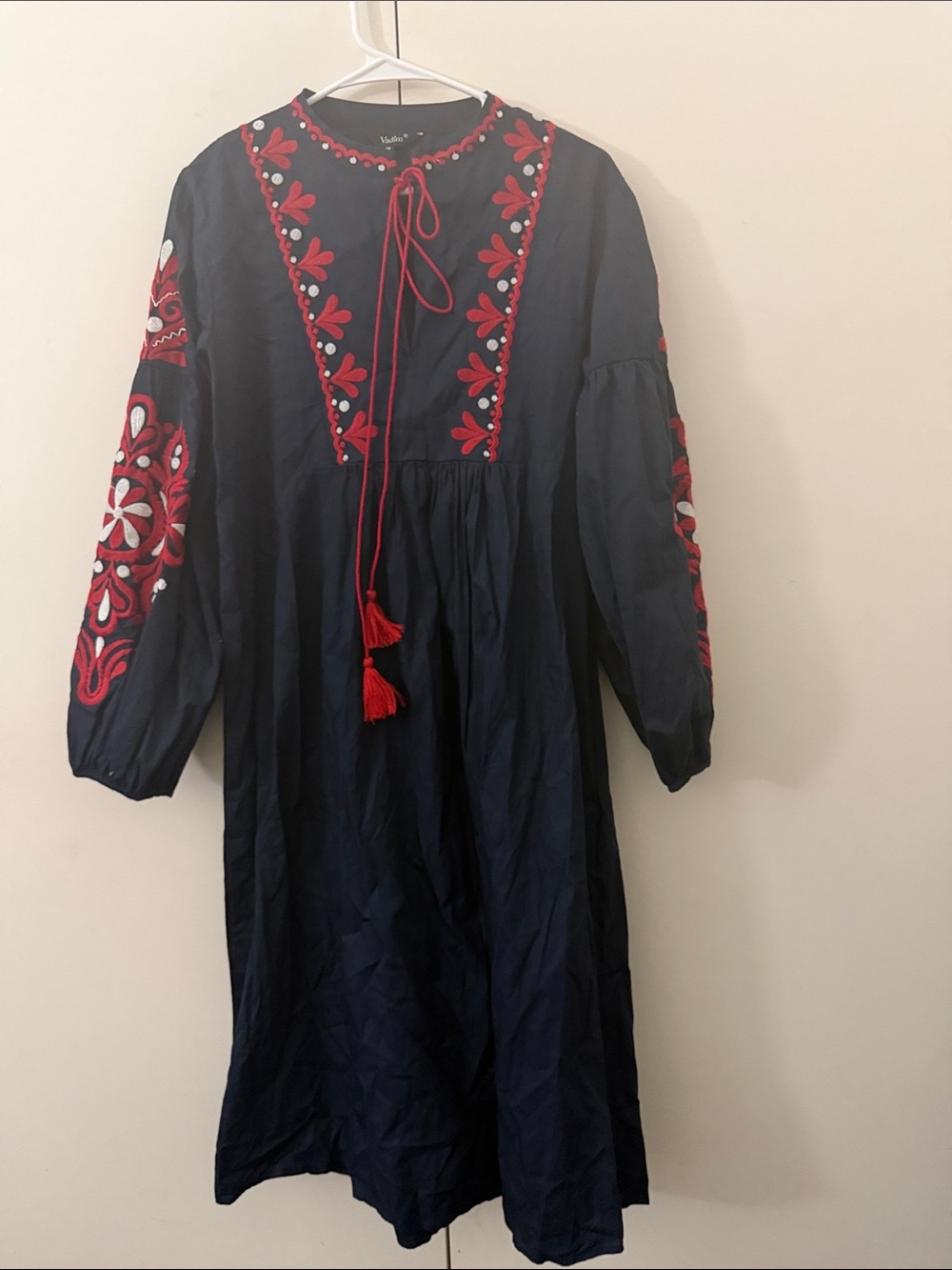 Girls Navy Dress with Red Floral Embroidery
